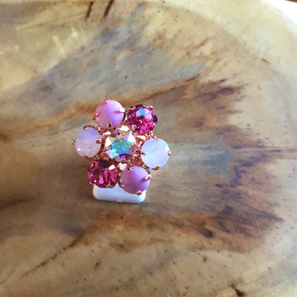 Pink Opal + Rose Pink Rose Gold Crystal Flower Statement Cocktail Ring - Picture 1 of 6
